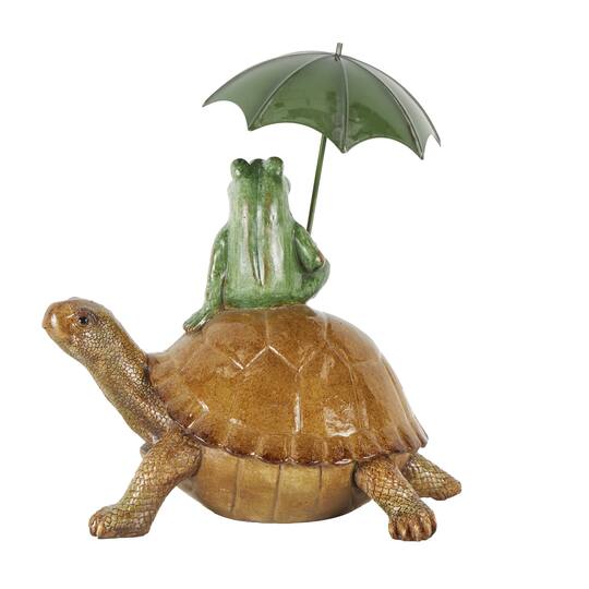 12" Bronze Sitting Frog Sculpture with Umbrella & Brown Walking Turtle